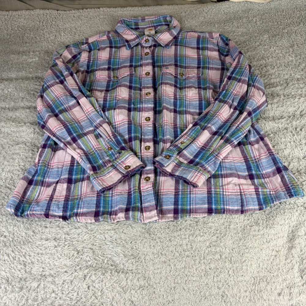 Carhartt Women XXL Pink Purple Blue Plaid Flannel Button Down Shirt Cotton